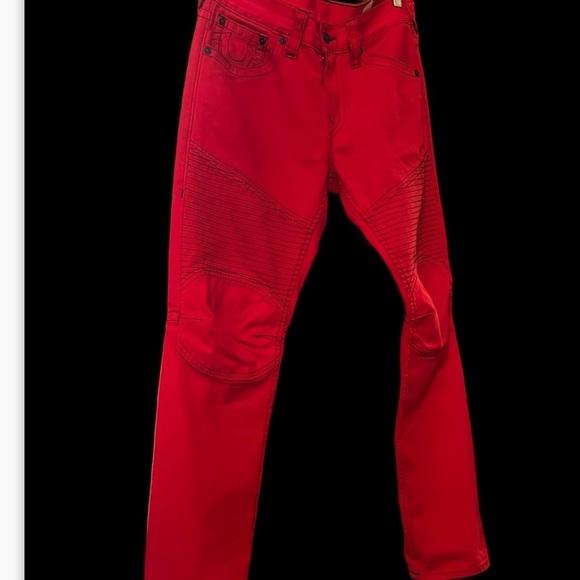 True Religion Red Mens Motto Denim Jeans Sz 32 Red Straight Leg - Picture 4 of 13